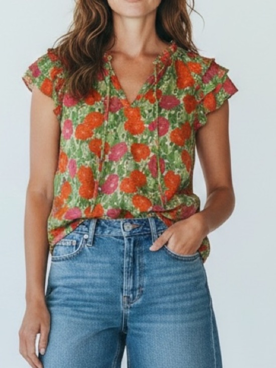 Pleione Tops - PLEIONE M Bright Floral Ruffle Sleeve Blouse Resort Wear & boho lightweight